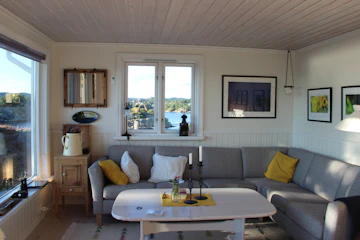 Living room with sofa, table, window, cushions, and indoor furnishings.